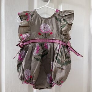 Pink Chicken Olive Green Floral Romper Side Bows Cotton Girls Size 6-12 Months